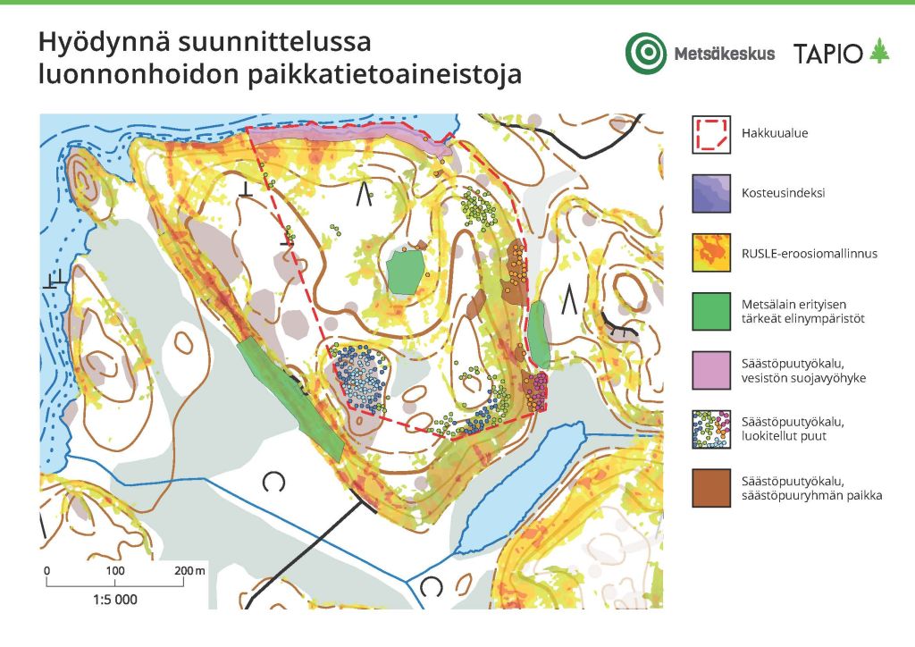 Kuva esimerkkikartasta, jossa hyödynnetty erilaisia luonnonhoidon paikkatietoaineistoja