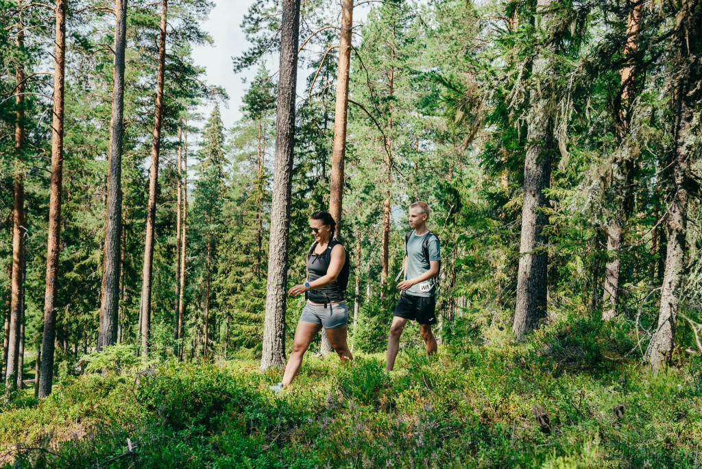 Nainen ja mies patikoivat kesäisessä metsässä.