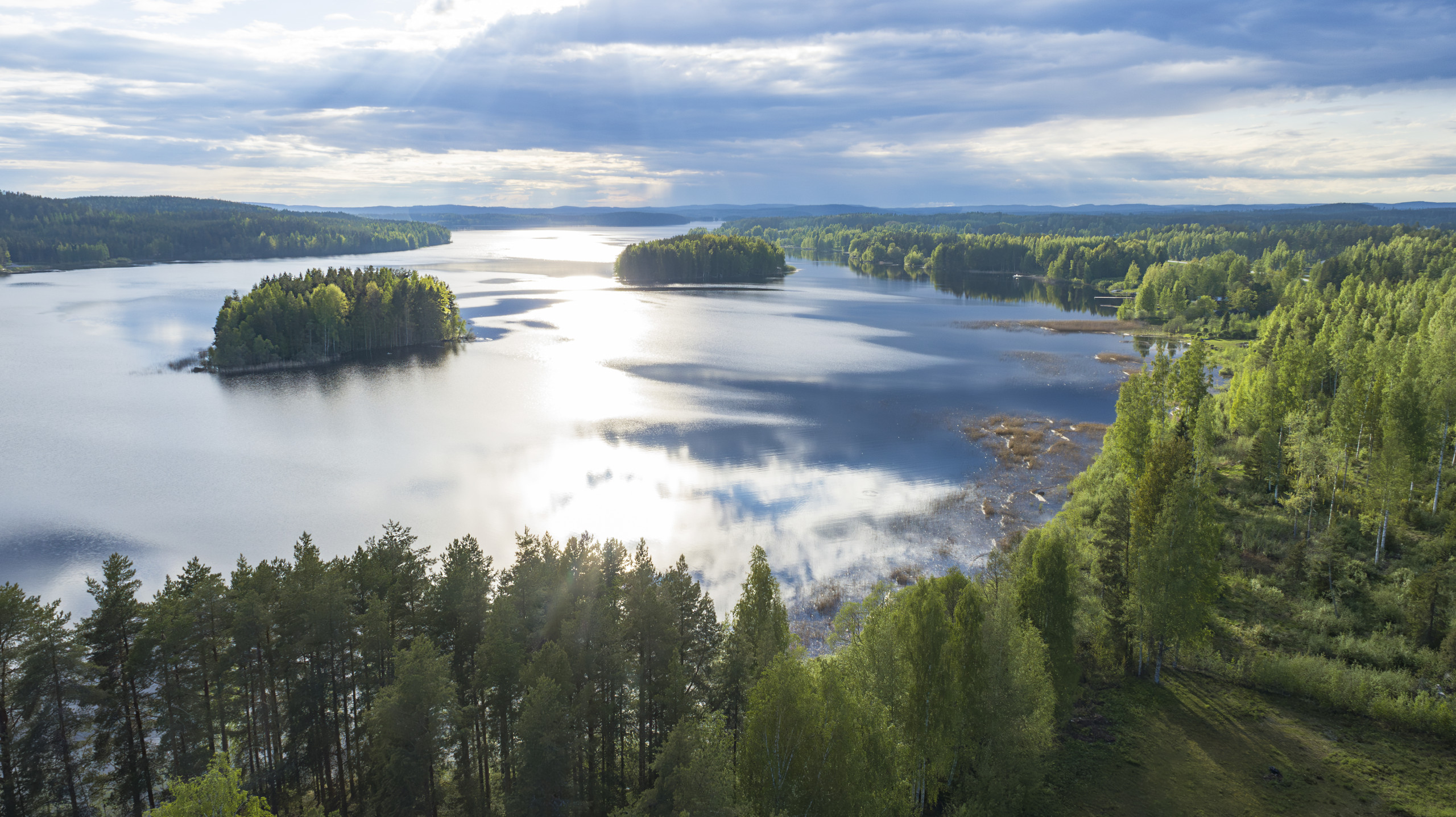 Ilmakuva kesäisestä järvi- ja metsämaisemasta