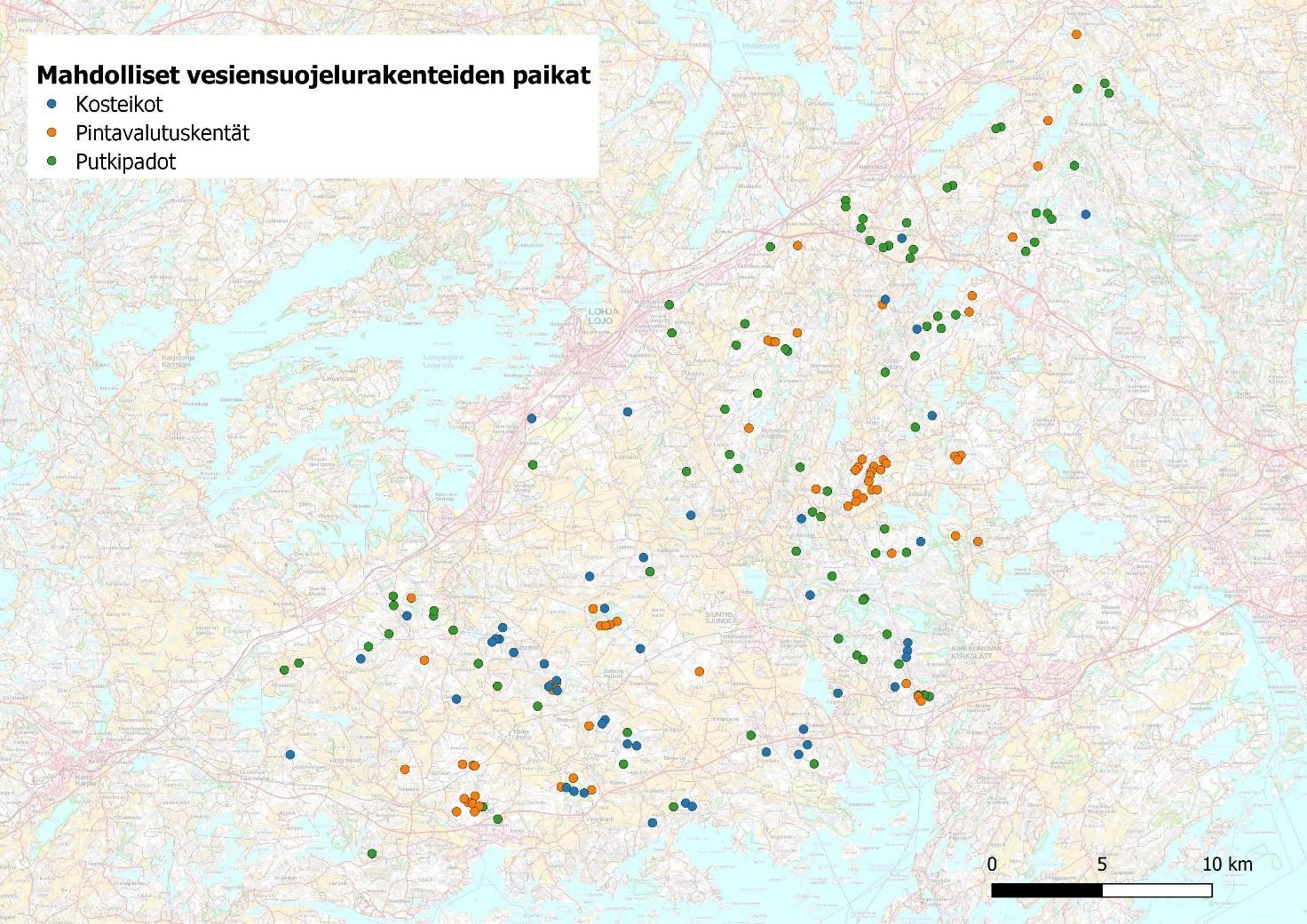 Kartalla potentiaaliset vesiensuojeluarakenteiden paikat Ingarskilan, Inkoonjoen ja Siuntionjoen valuma-alueilla (lähde: WWF).