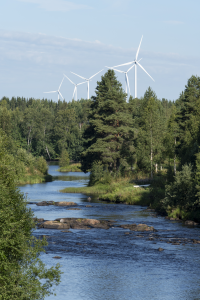 tuulivoimala metsässä veden äärellä