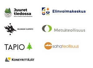 Juuret tiedossa, Elinvoimakeskus, Helsingin yliopisto, Metsäteollisuus ry, Tapio, Sahateollisuus ry ja Koneyrittäjät ry logot
