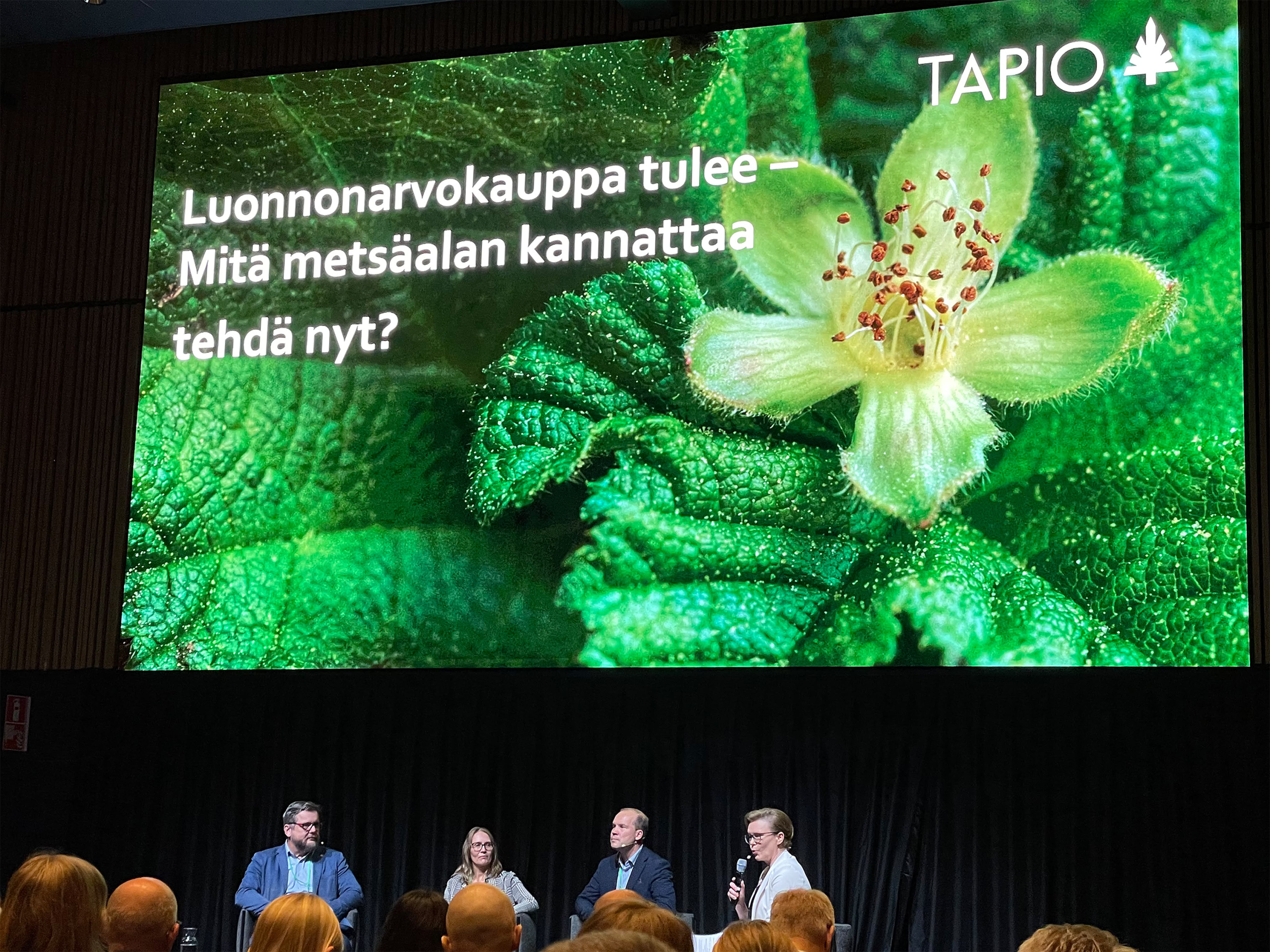 Neljä henkilöä keskustelemassa Metsäpäivien lavalla